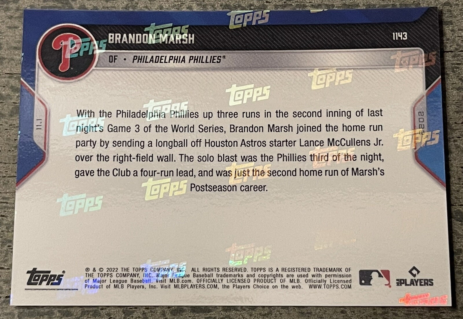 2022 TOPPS NOW World Series #1143 13/49 Brandon Marsh MLB Philadelphia Phillies*