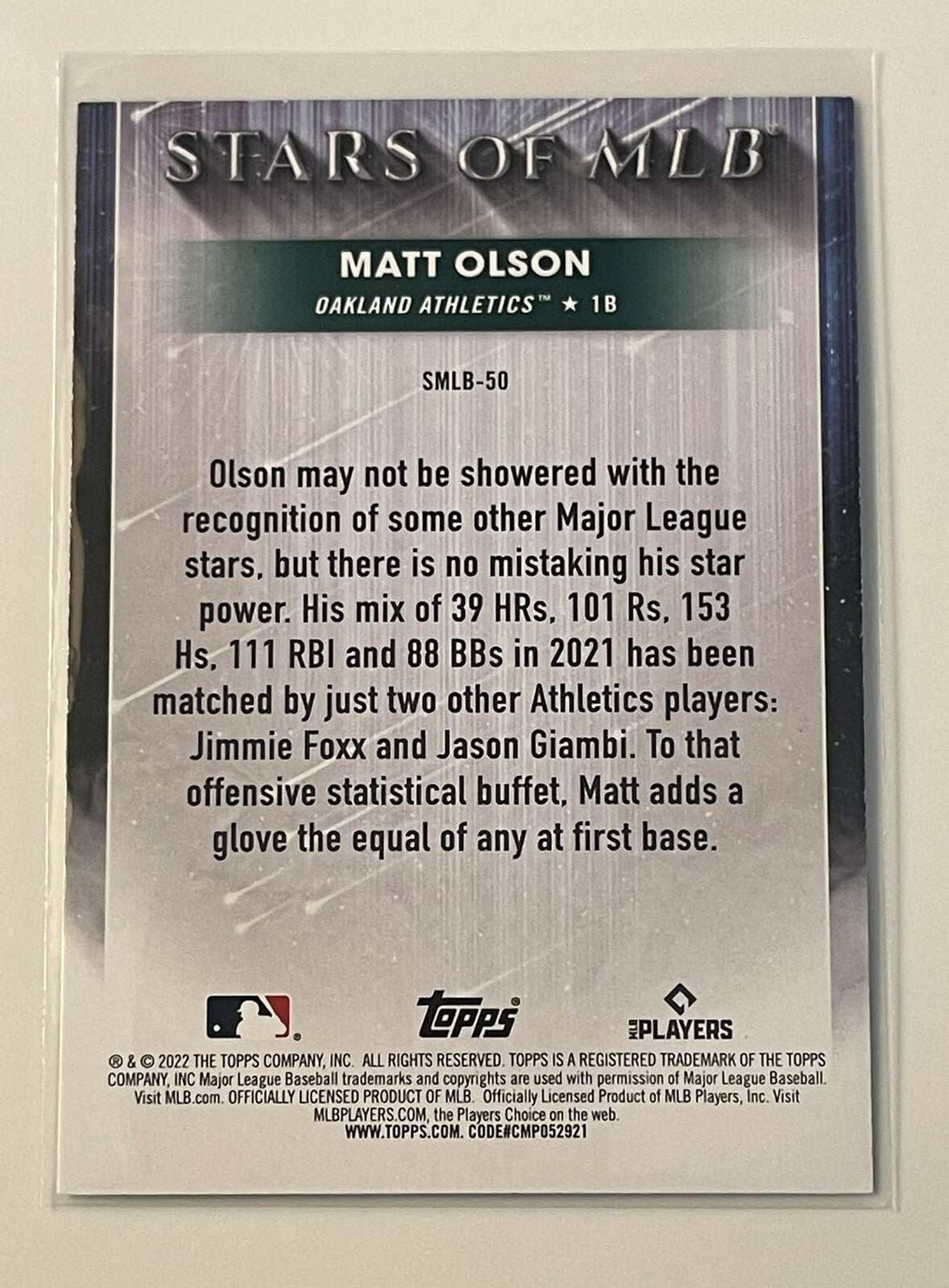 2022 Topps Series 1 Matt Olson Mojo Refractor baseball card Stars of MLB Oakland Athletics