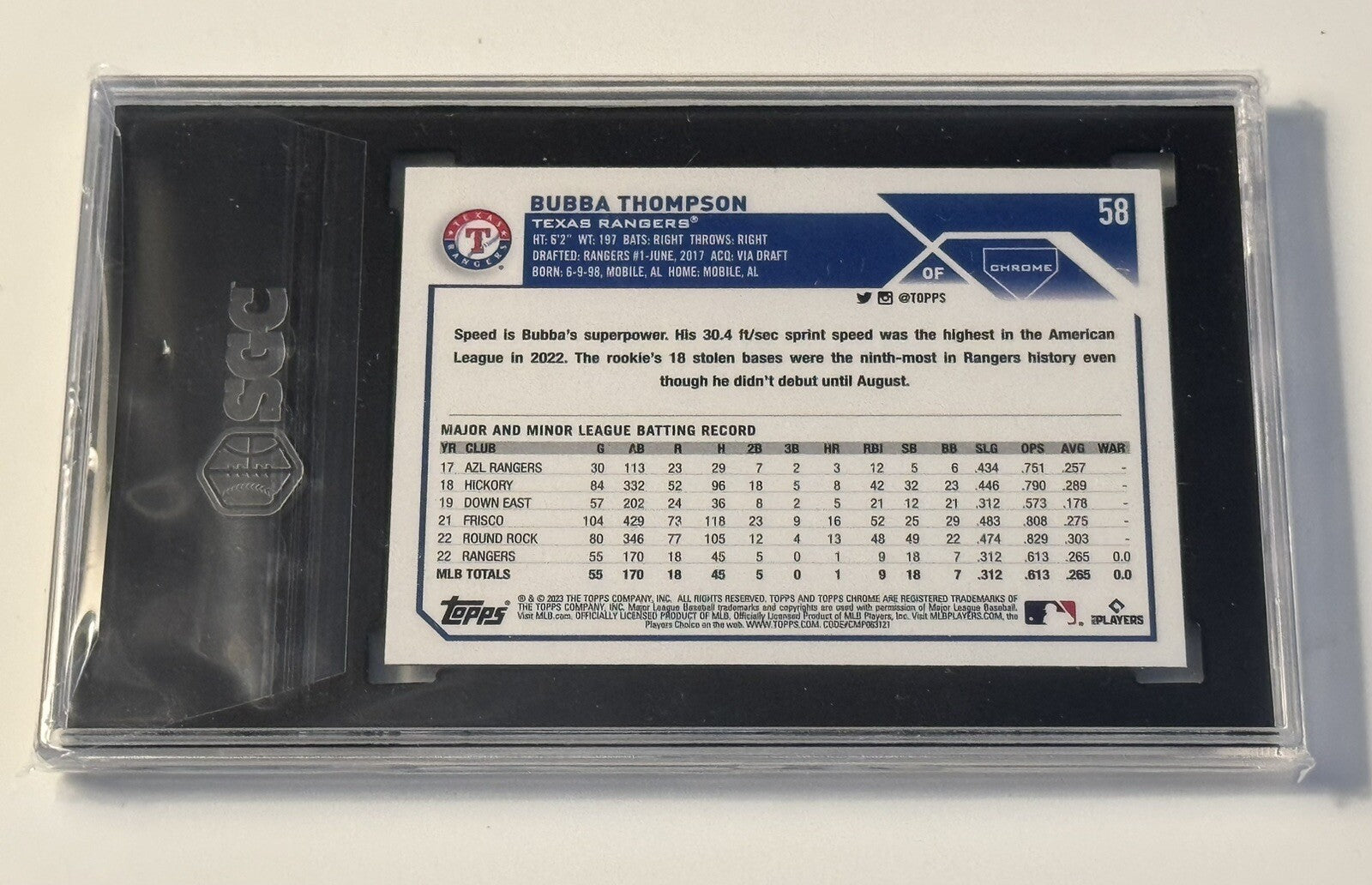 2023 Topps Chrome Bubba Thompson* RC MLB Texas Rangers Rookie Baseball Card #58*