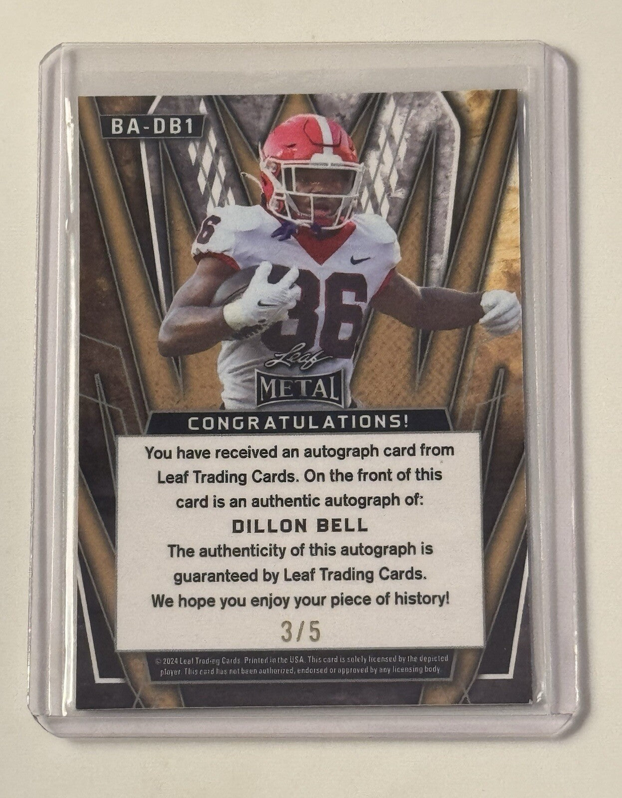 3/5* Dillon Bell RC Auto 2024 Leaf Metal UGA BULLDOGS Card #BA-DB1 - SEC Champs!