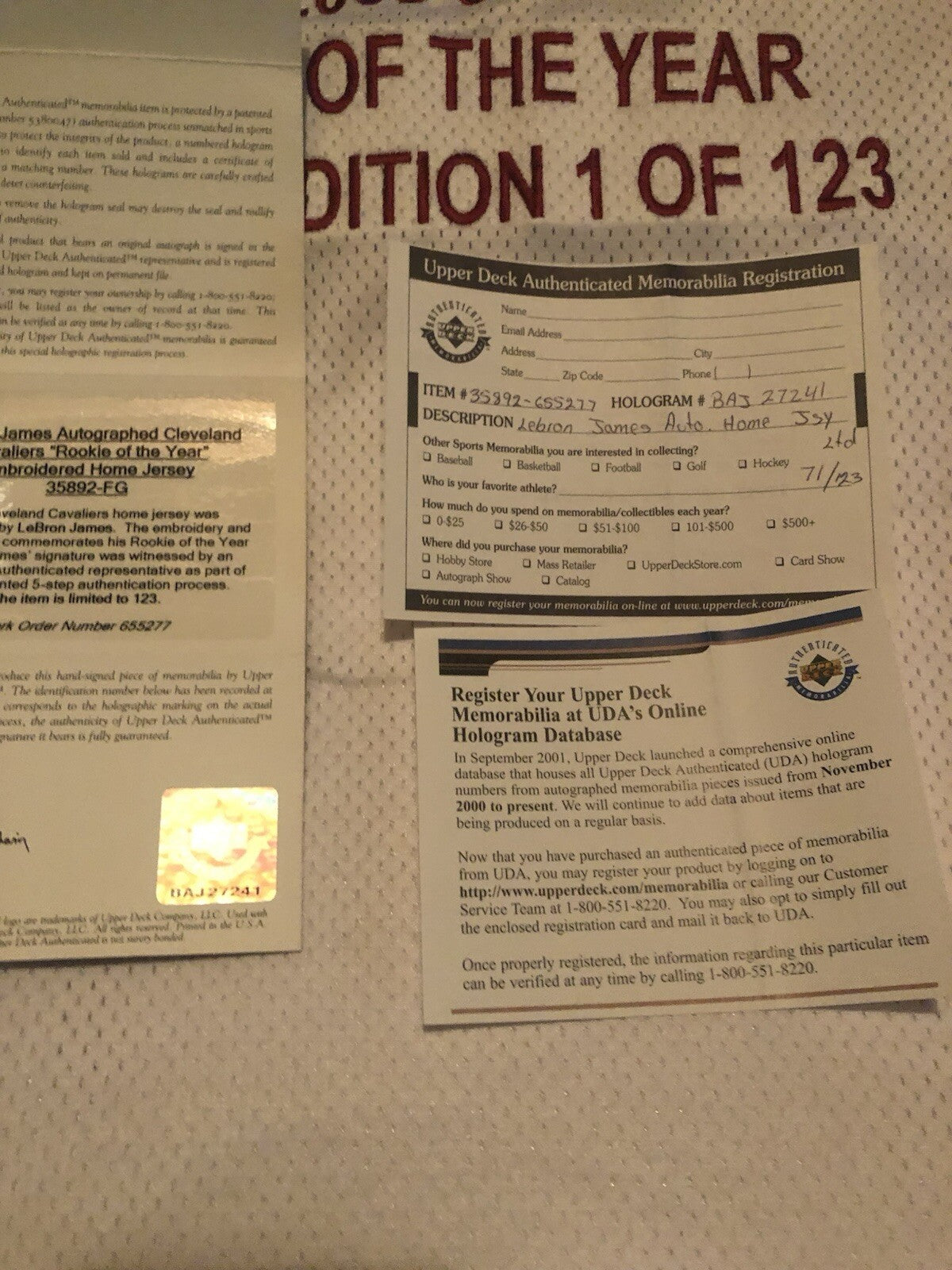 71/123 LEBRON JAMES “ROOKIe Of The YEAR” AUTO JERSEY! Comes W/ UDA COA BOX DOCS!