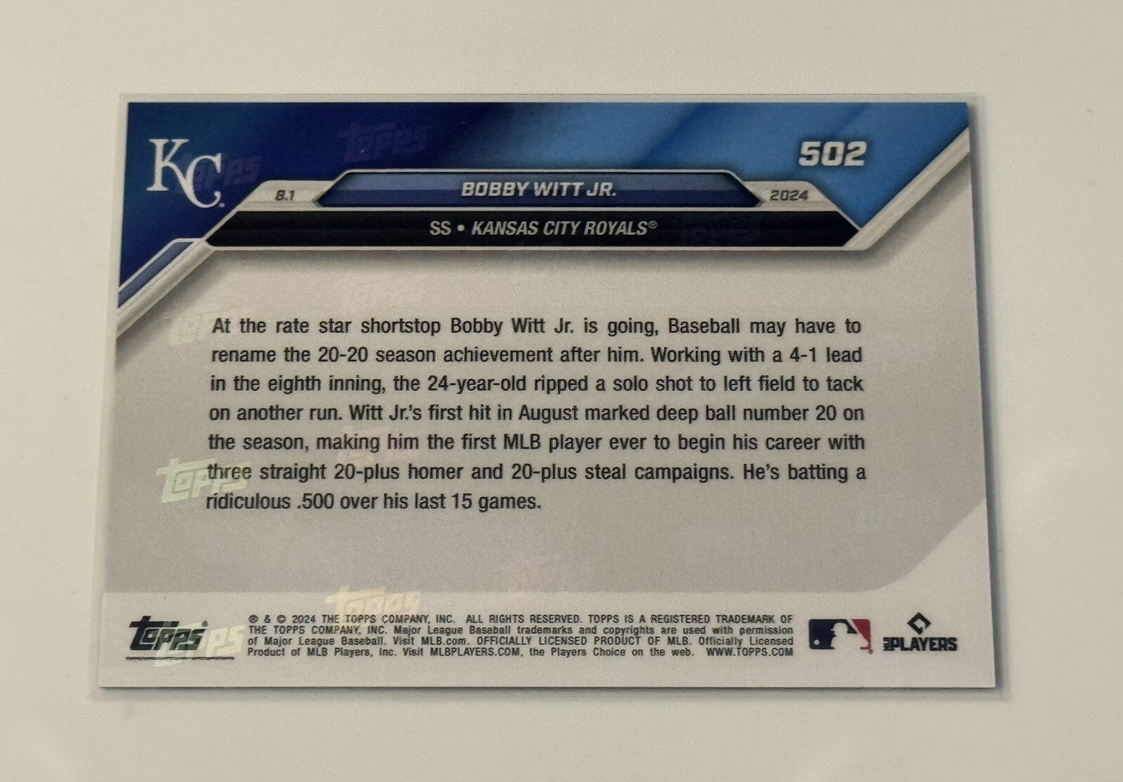 06/25* Bobby Witt Jr. With 1st 3 20/20 Seasons MLB KC Royals 2024 Topps Now #502