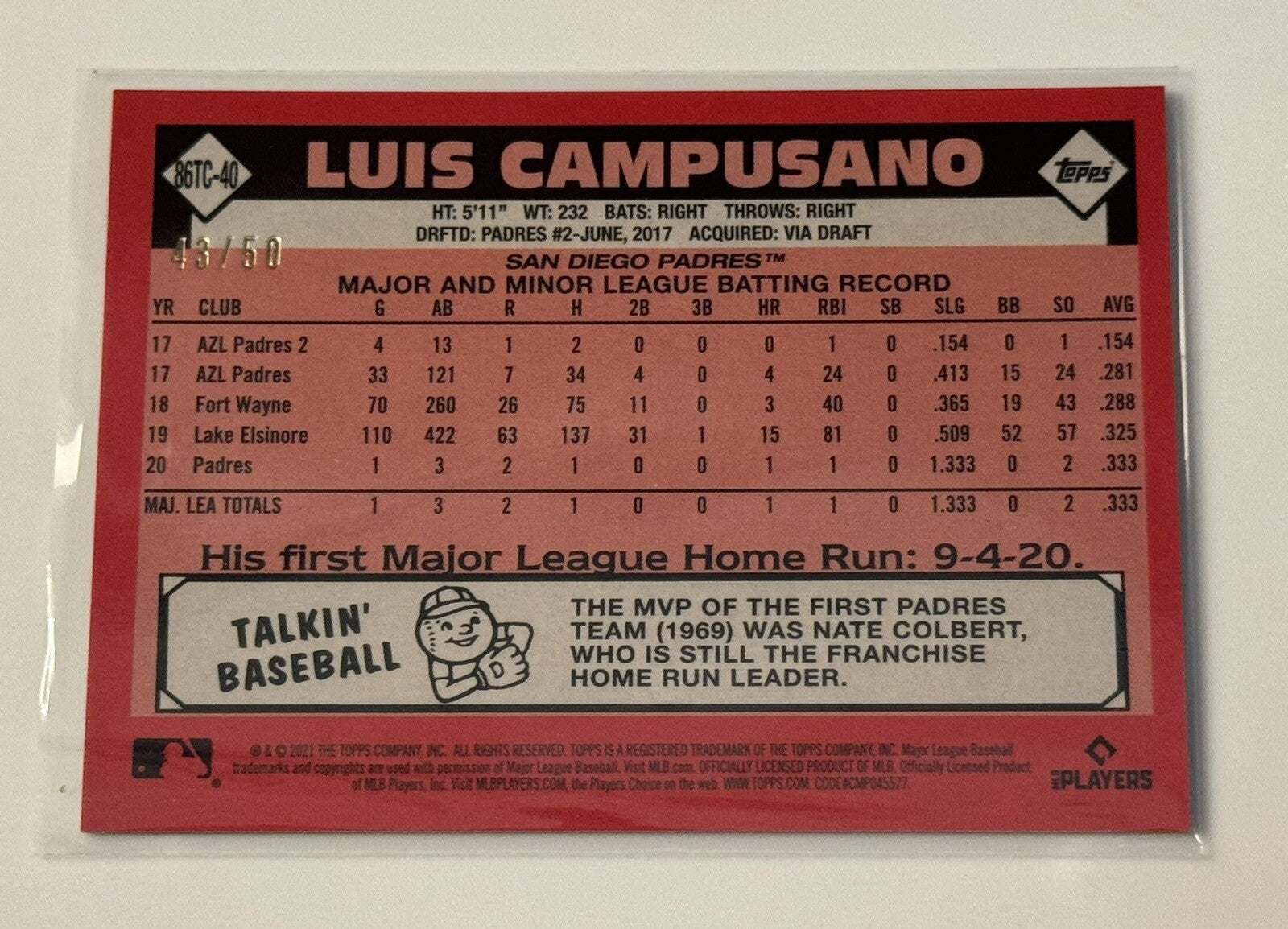 43/50* GOLD* Rookie! - 2021 Topps Luis Campusano RC* MLB SD Padres Card #86TC-40