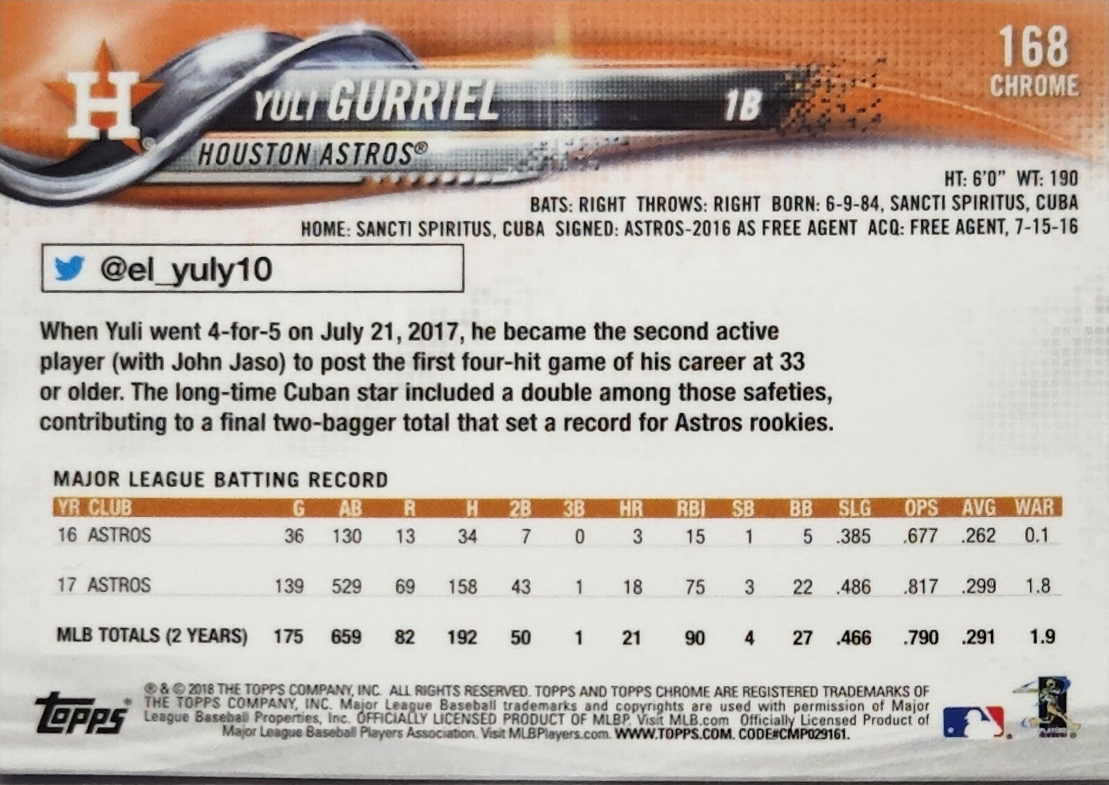 2018 Topps Chrome -Yuli Gurriel* Card #168 MLB Houston Astros 2022 World Champs*