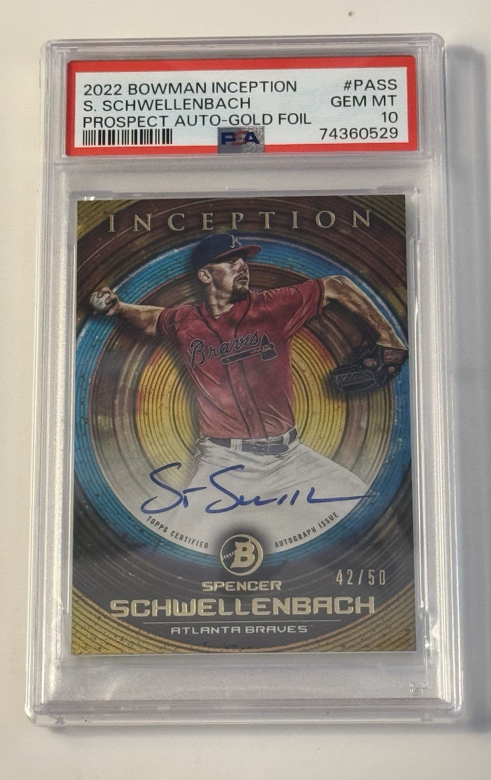 42/50* Spencer Schwellenbach RC Auto Bowman U Inception GOLD* Foil Braves PSA 10