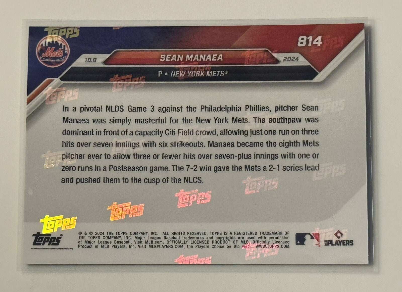 4/5* Sean Manaea* 1st Postseason Win Mets 2024 MLB Topps NOW - NY Mets Card 814*
