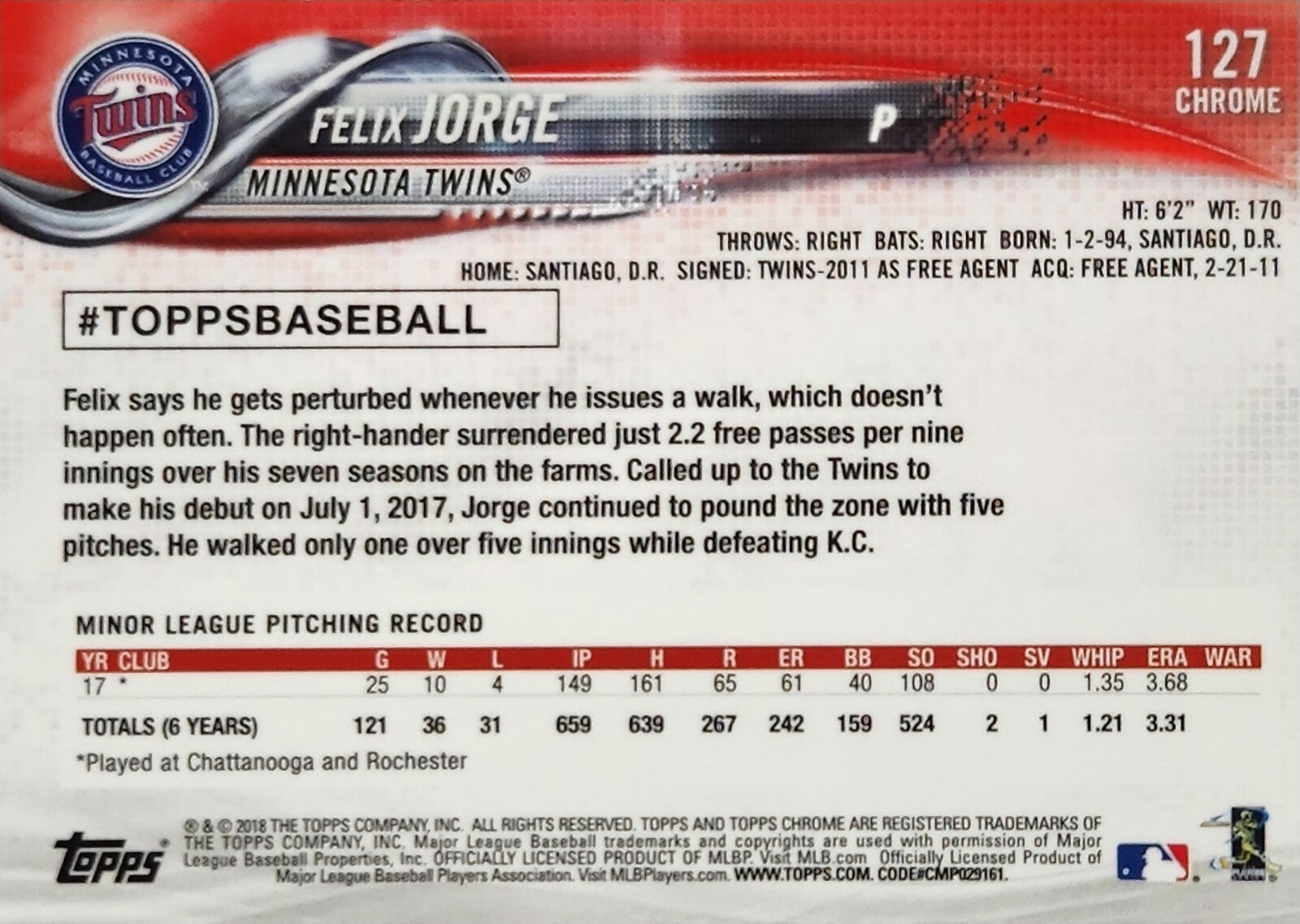 2018 Topps Chrome #127 Felix Jorge Twins RC Rookie Card MLB TWINS JUST PULLED!