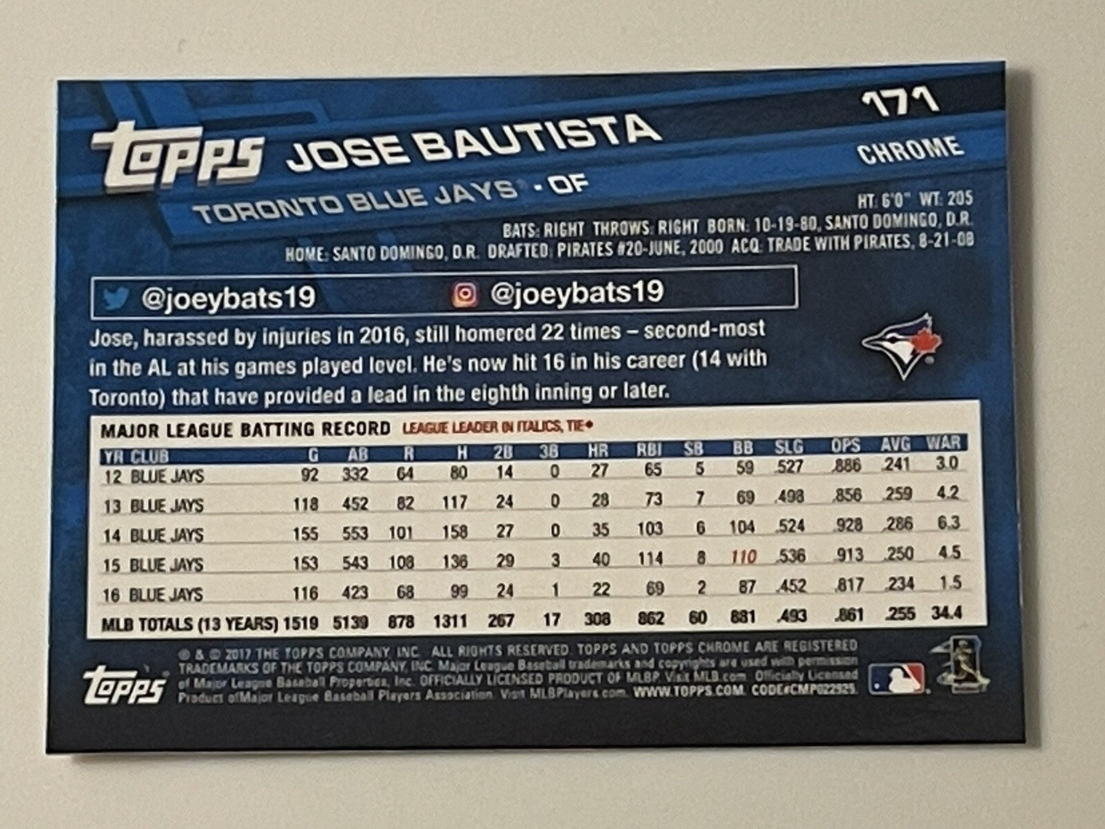 2017 Topps Chrome Prizm Refractor JOSE BAUTISTA MLB Toronto Blue Jays Card #171
