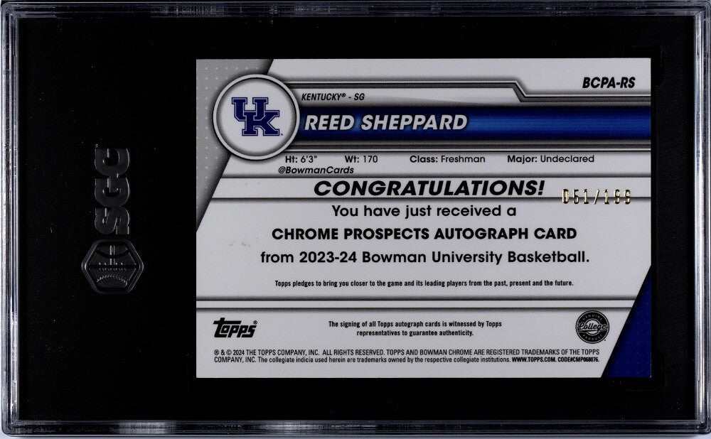 2023-24 Bowman U Chrome Reed Sheppard Rookie Lava Refractor autographed basketball card graded SGC 10