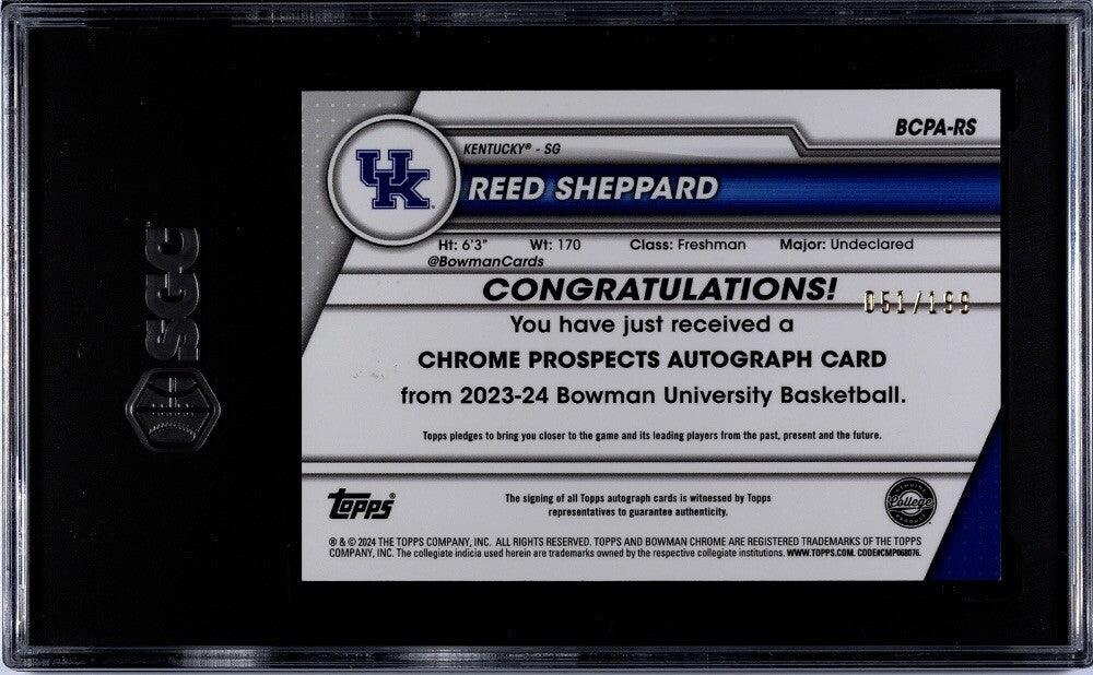 2023-24 Bowman U Chrome - Reed Sheppard Prospect Auto Refractor #BCPA-RS SGC 10