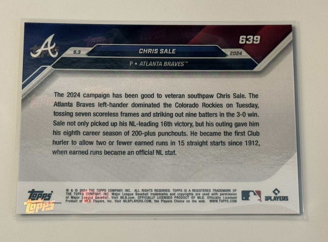 Chris Sale MLB Atlanta Braves 2024 Topps Now limited edition baseball card with 12th pitcher in MLB history and 8 200-K seasons