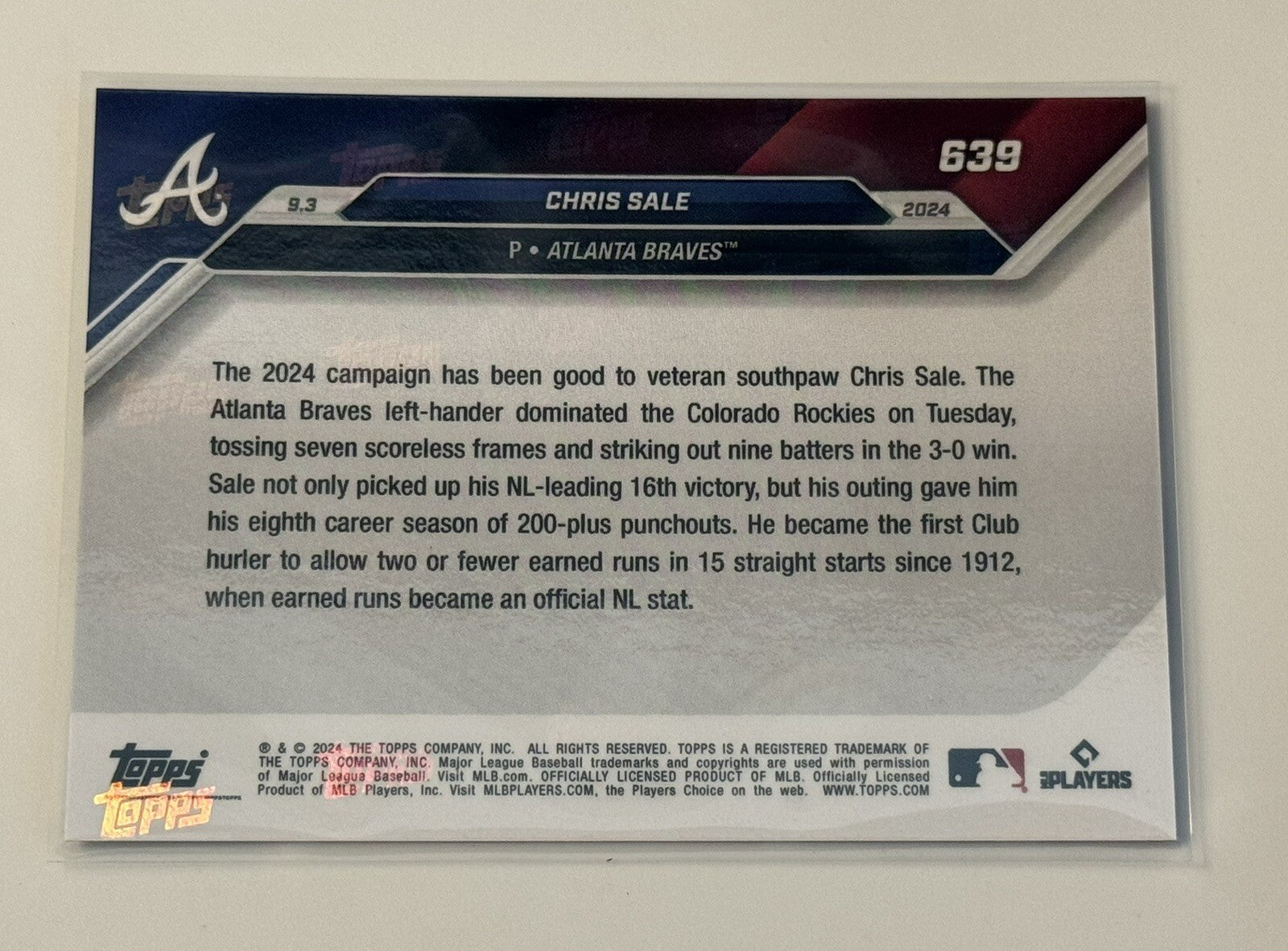 Chris Sale MLB Atlanta Braves 2024 Topps Now #639 12th In History 8 200k Seasons