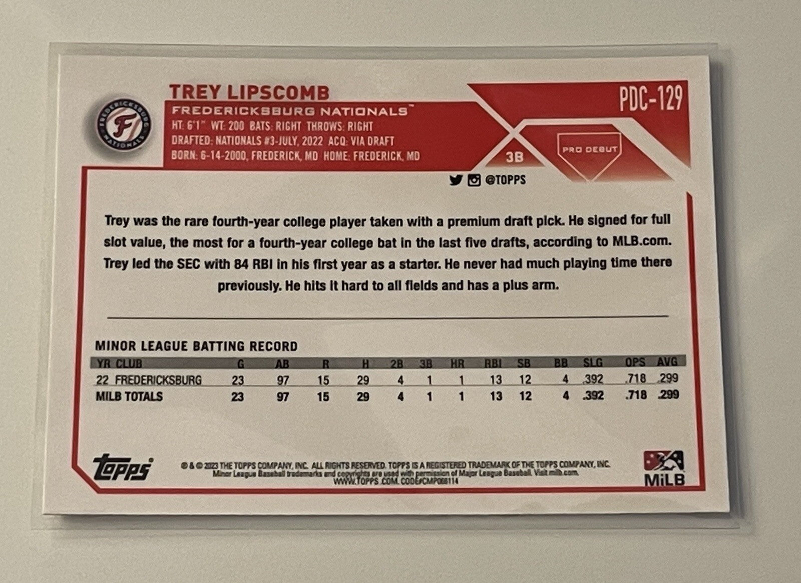 2023 Topps Pro Debut Chrome Trey Lipscomb PDC-129 RC Fredericksburg Rookie Card*