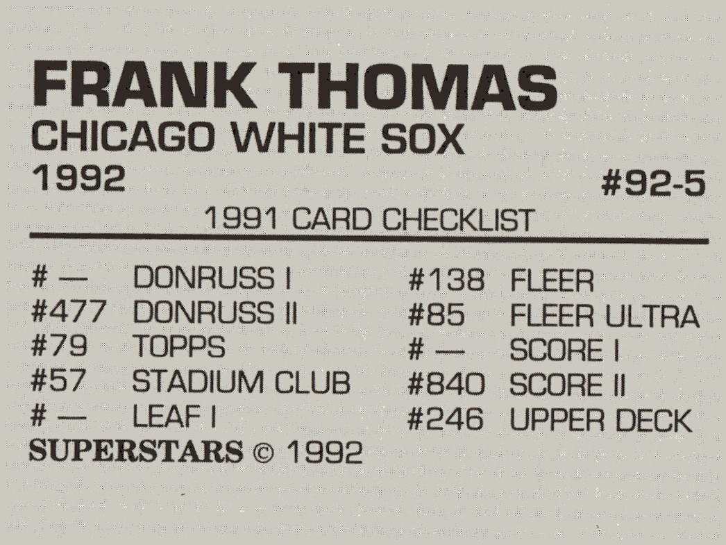1992 Superstars Magazine baseball card featuring Frank Thomas of the Chicago White Sox