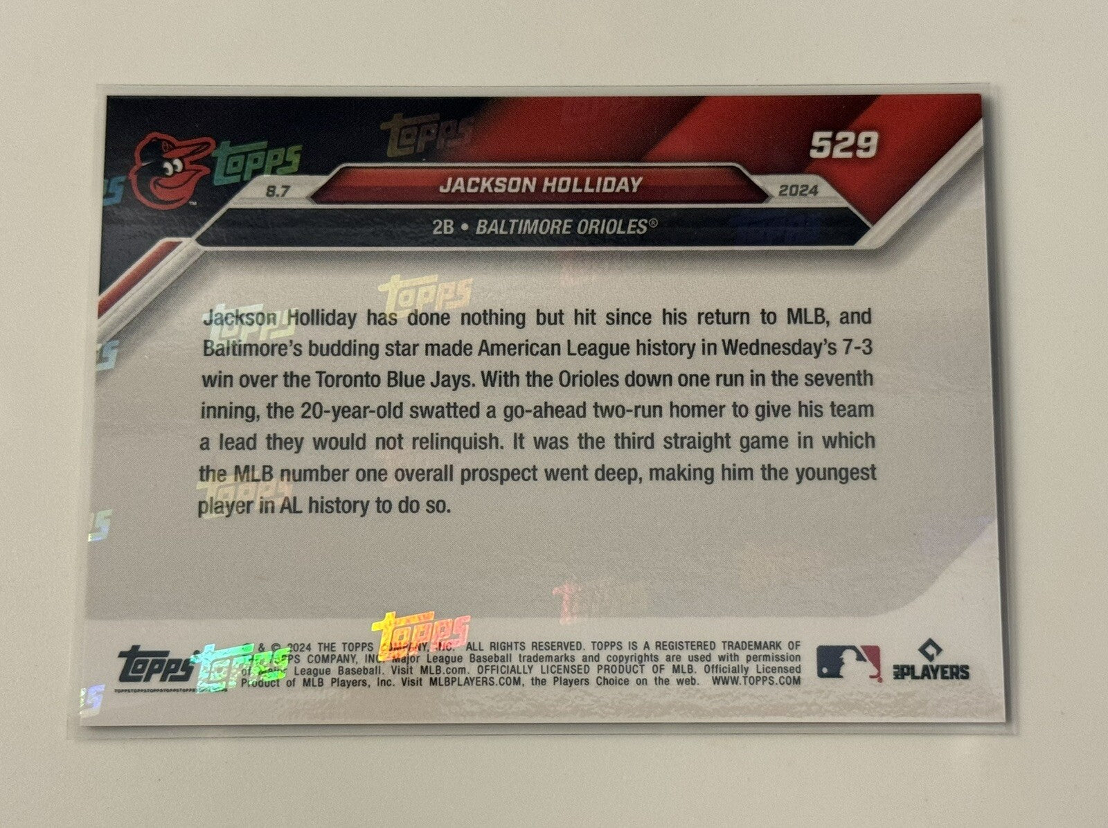 Jackson Holliday RC* 2024 MLB TOPPS NOW RC MLB Baltimore Orioles Rookie Card 529