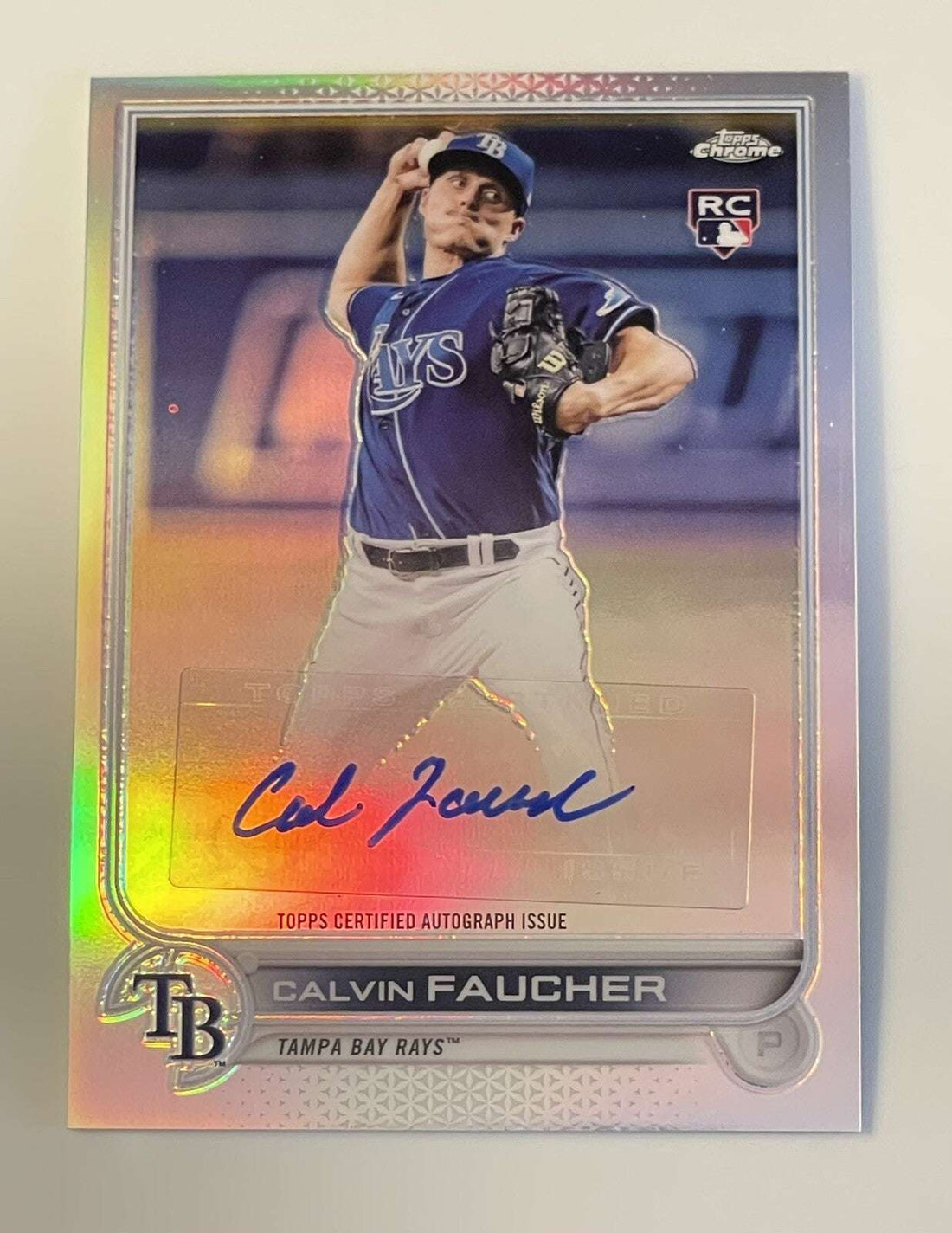 2022 Topps CHROME Update Calvin Faucher rookie baseball card with autograph Tampa Bay Rays