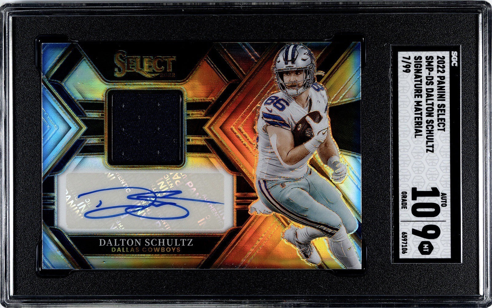 2022 Panini Select Football Dalton Schultz 7/99 Sig. Mat. #SMP-DS Cowboys SGC 9*