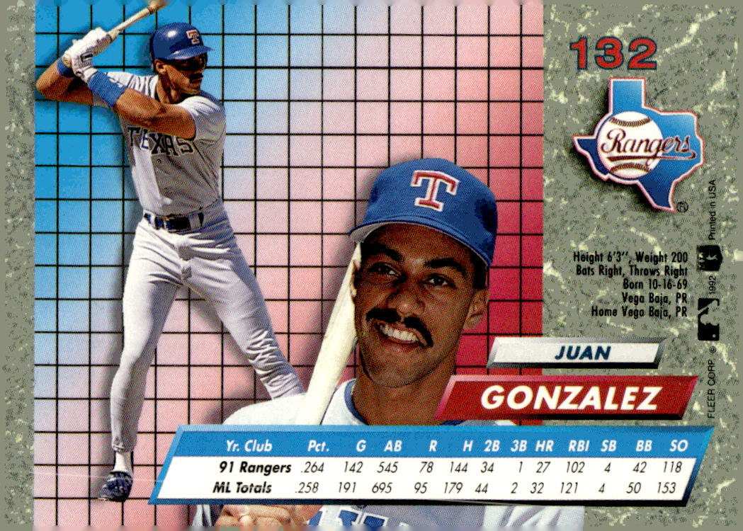 1992 Ultra 132 Juan Gonzalez baseball card Texas Rangers outfield