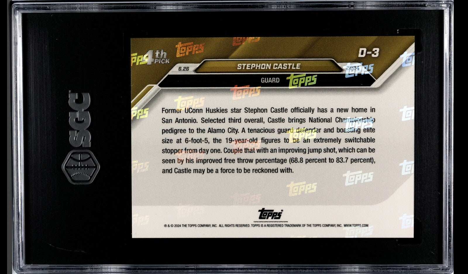 Stephon Castle 2024 Topps Now NBA draft night rookie card graded SGC 10 for San Antonio Spurs, limited edition 1383 print run