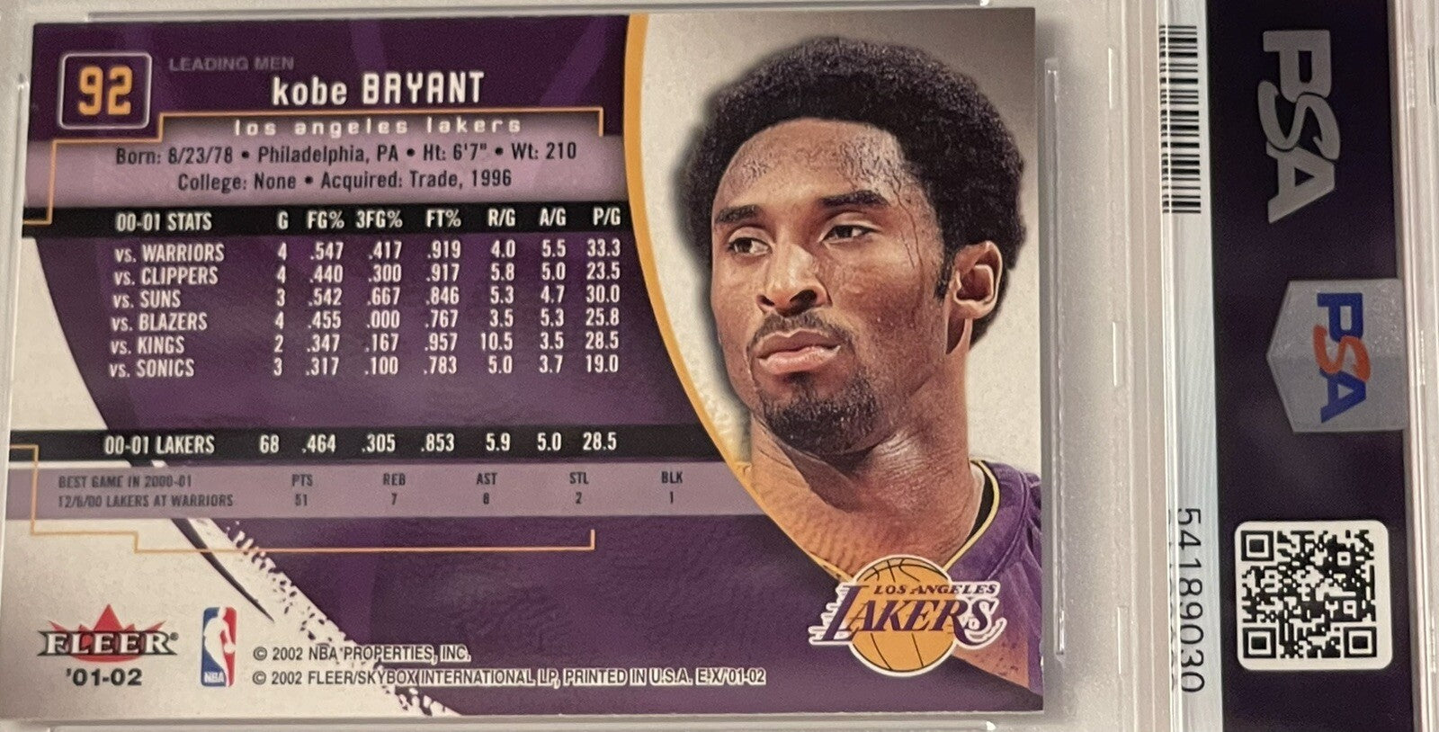 2001-02 FLEER E-X - Kobe Bryant - #92 - NBA LOS ANGELES LAKERS,* - HOF* - PSA 9*