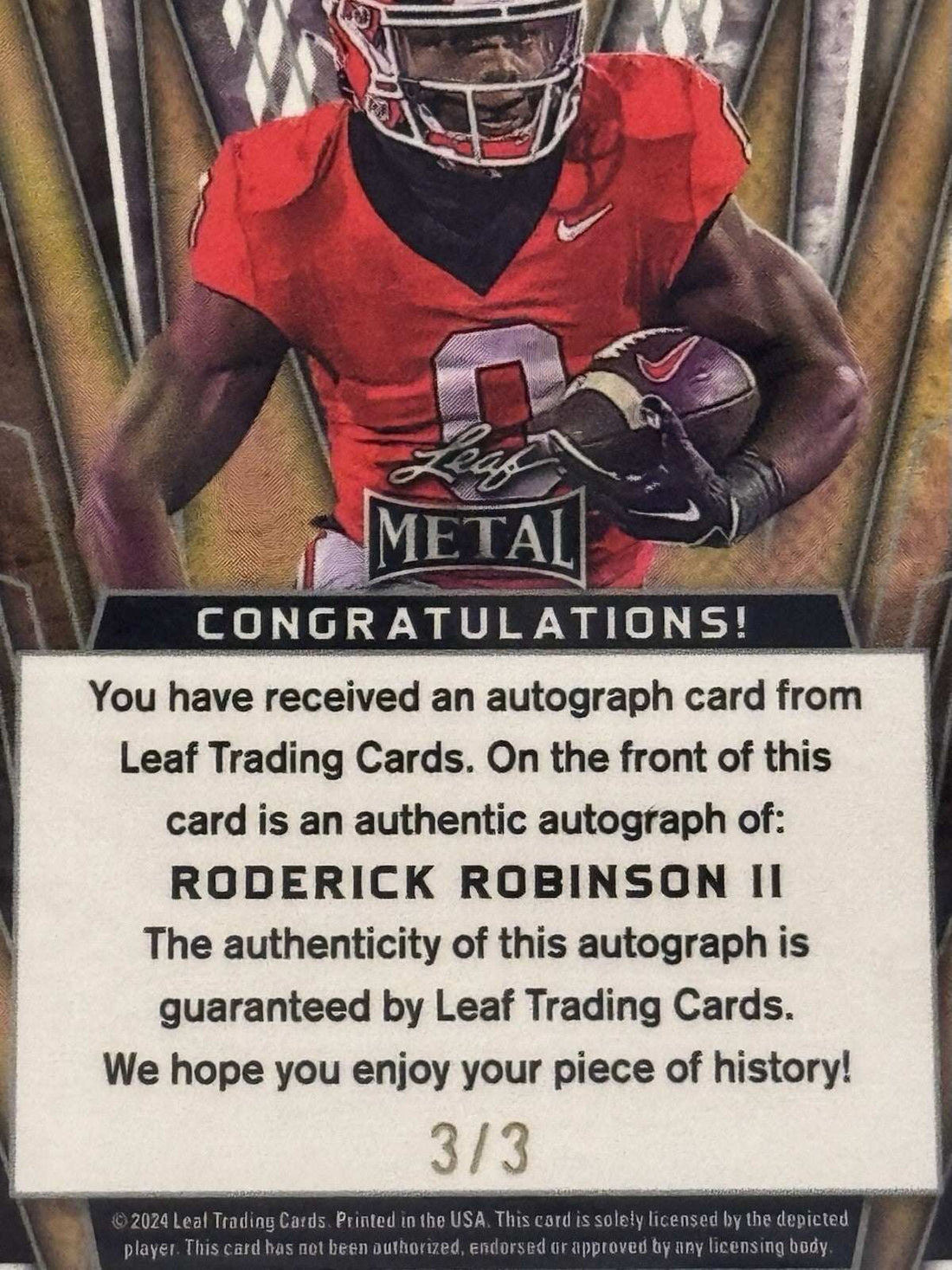 2024 Leaf Metal Red Flood Pulsar Roderick Robinson II autographed rookie football card