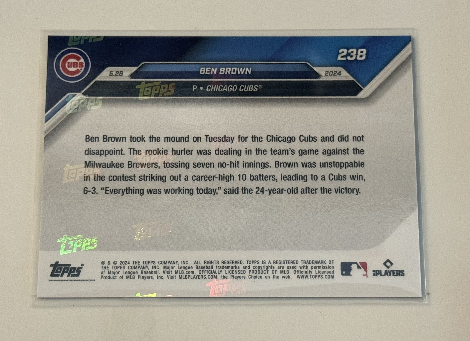 5/49 Ben Brown RC 2024 MLB TOPPS NOW® MLB Chicago Cubs Baseball Rookie Card #238