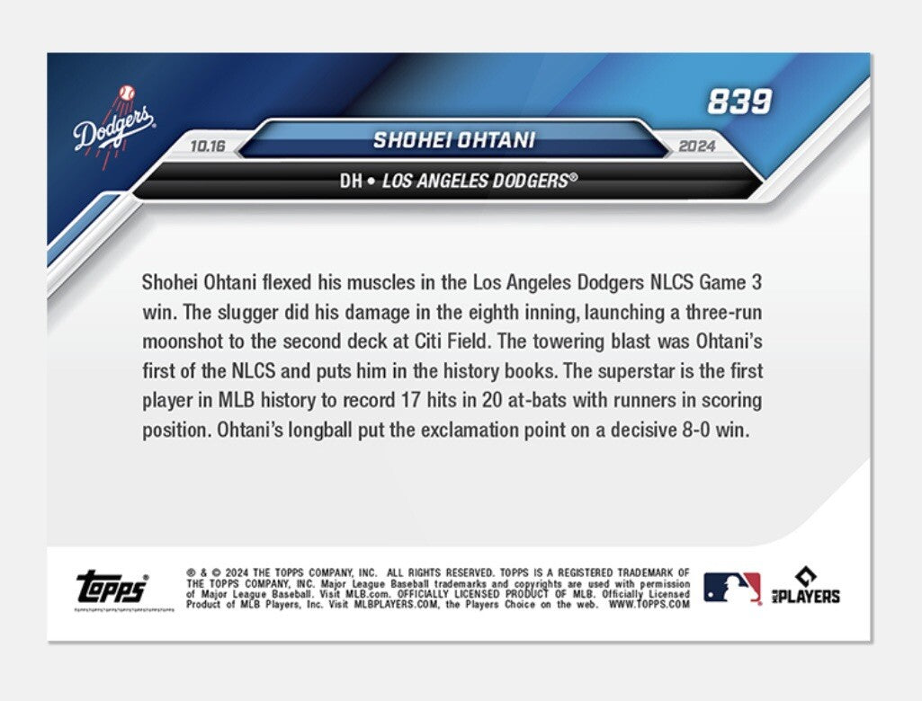 Shohei Ohtani* Moonshot, Blast 1st* Career NLCS HR-'24 MLB Topps NOW #839 READY!