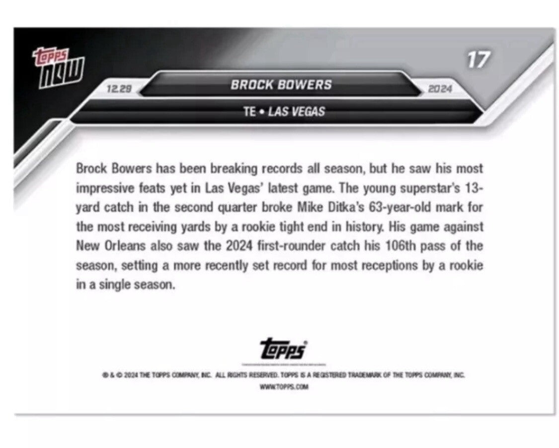 Brock Bowers RC 2024 Topps Now #17 Rookie TE Receiving Record - LIMITED EDITION!