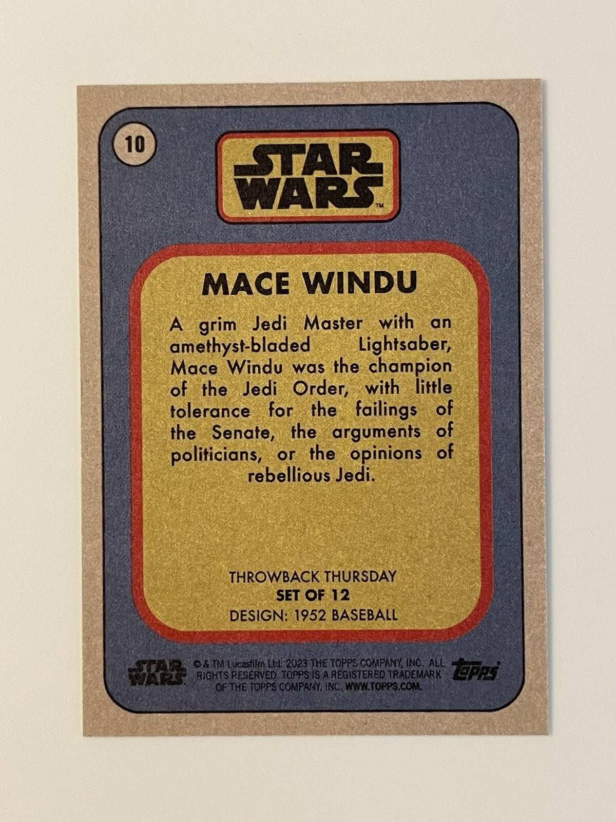 2023 Topps Star Wars Mace Windu Throwback Thursday trading card back with character info