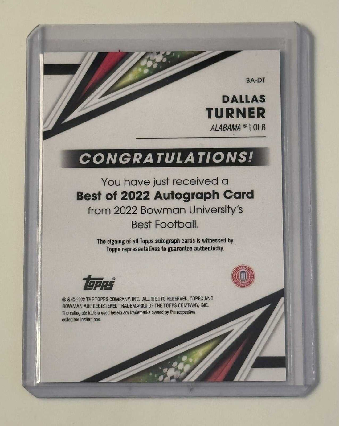 Dallas Turner RC Auto 2022-23 Bowman's Best University Alabama Crimson Tide autograph trading card