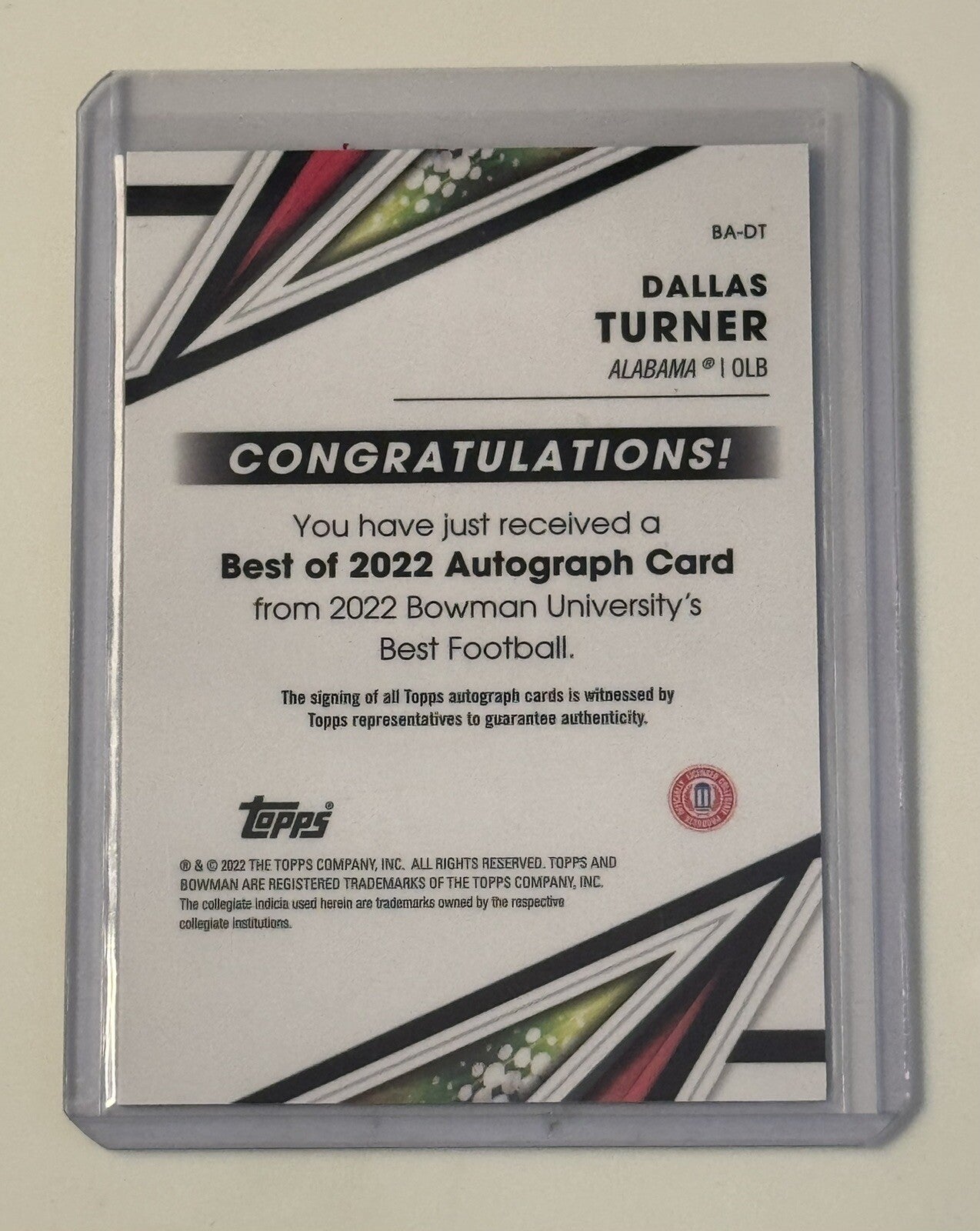 Dallas Turner RC Auto - 2022-23 Bowman's Best University Best of Football #BA-DT