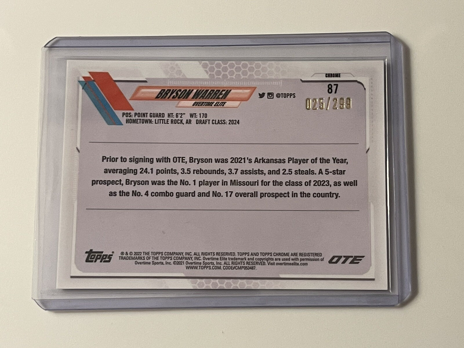 Bryson Warren* RC* -25/299 2021-22 Topps Chrome OTE #87 Rookie Purple Refractor*