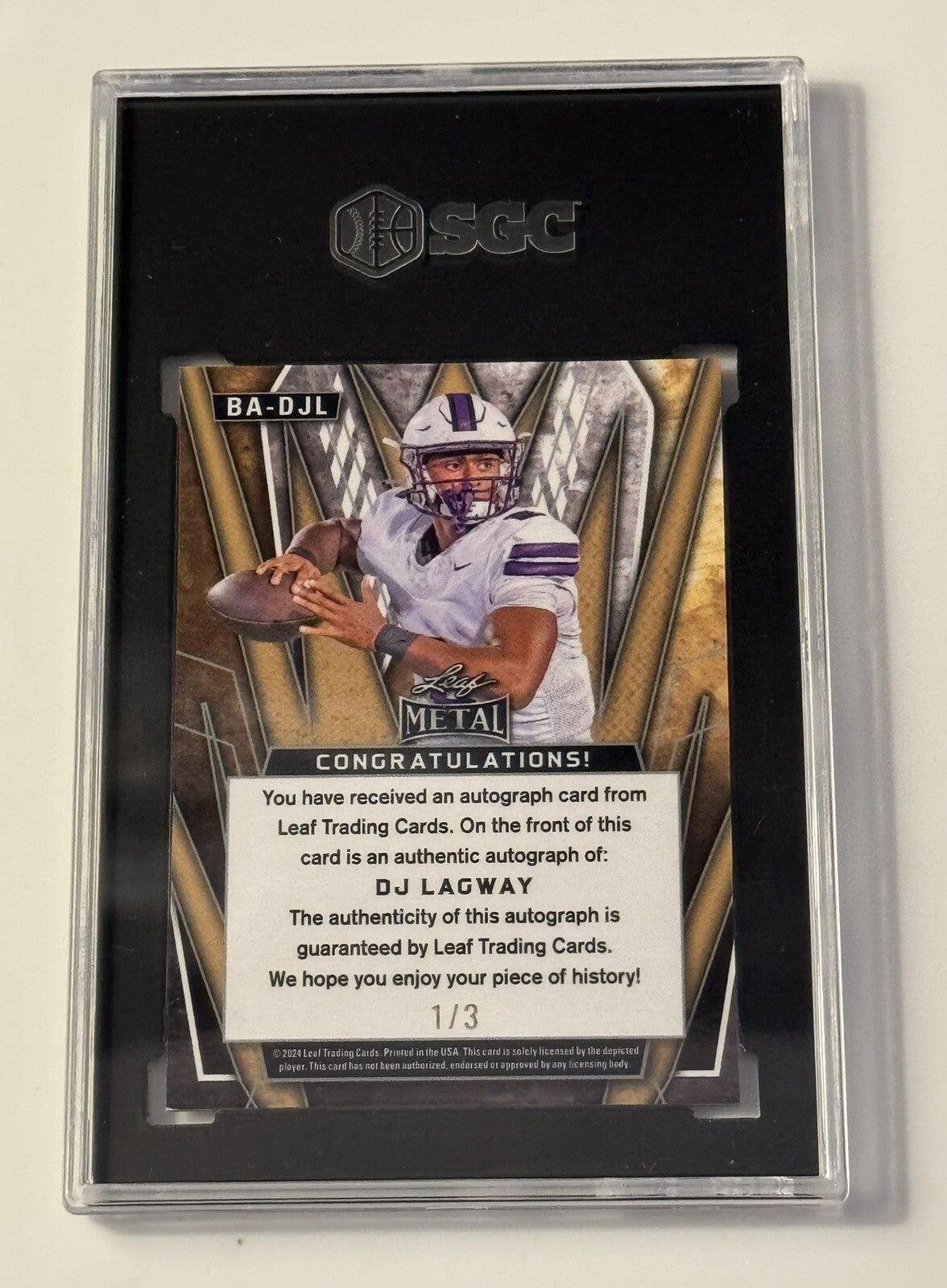 1/3 DJ Lagway RC* Auto 2024 LEAF Metal FOOTBALL BADJL ORANGE MOJO GATORS SGC 9.5