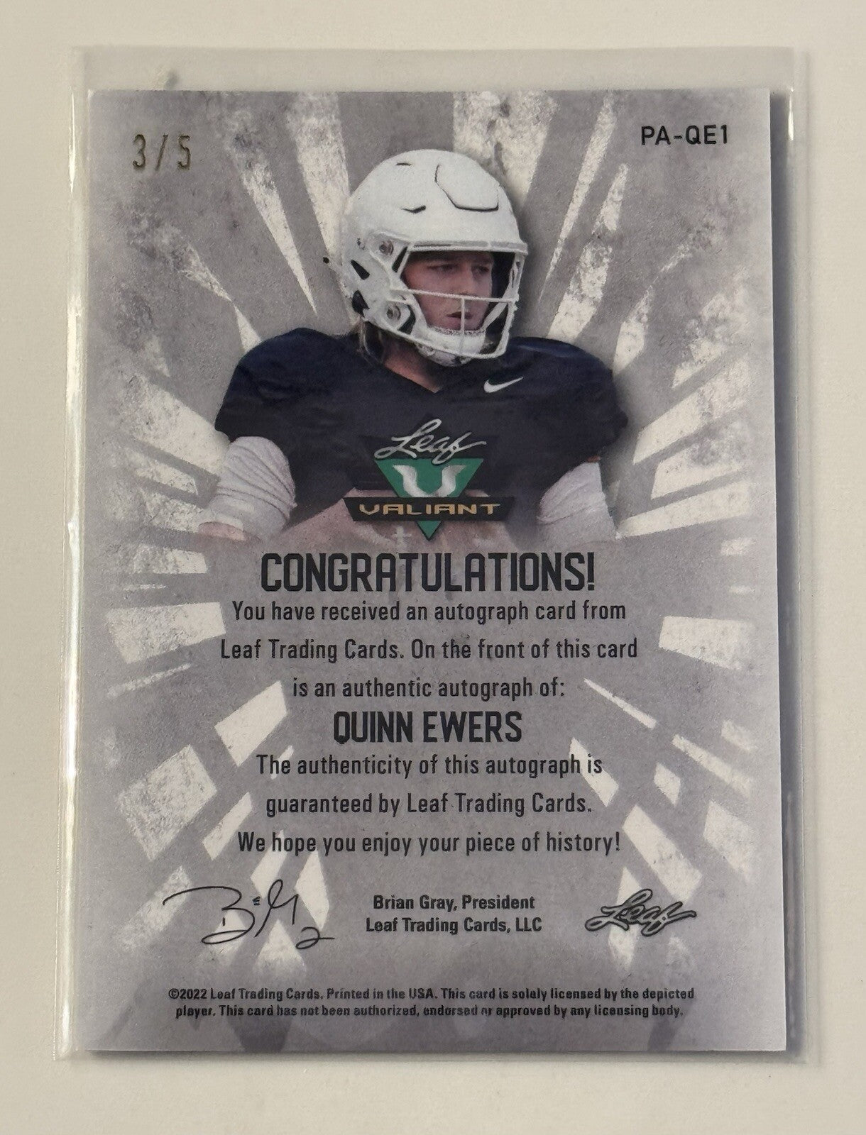3/5 Quinn Ewers RC* Auto - 2022 Leaf Valiant NCAA TEXAS Longhorns - Card #PA-QE1