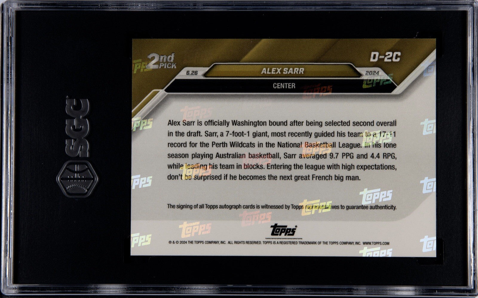 4/25 Alexandre Sarr RC On Card Auto 2024 Topps Now Draft D2C NBA Wizards SGC 9.5