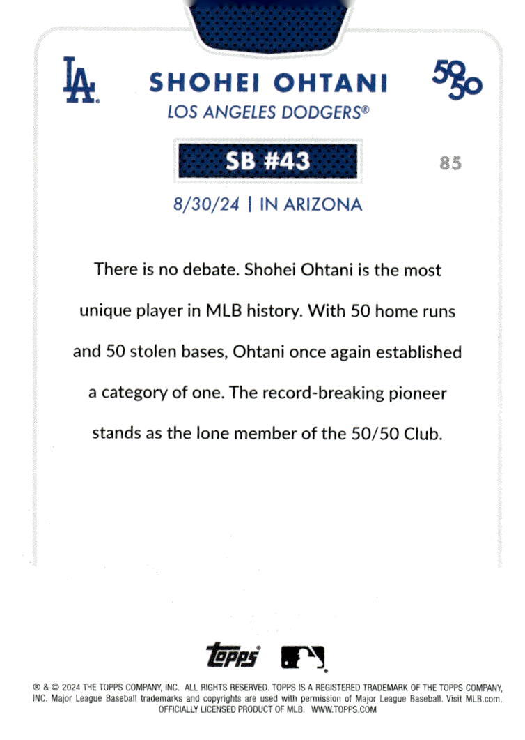 50/50 LIMITED EDITION! Shohei Ohtani MLB LA Dodgers 2024 TOPPS NOW Season #SB 43