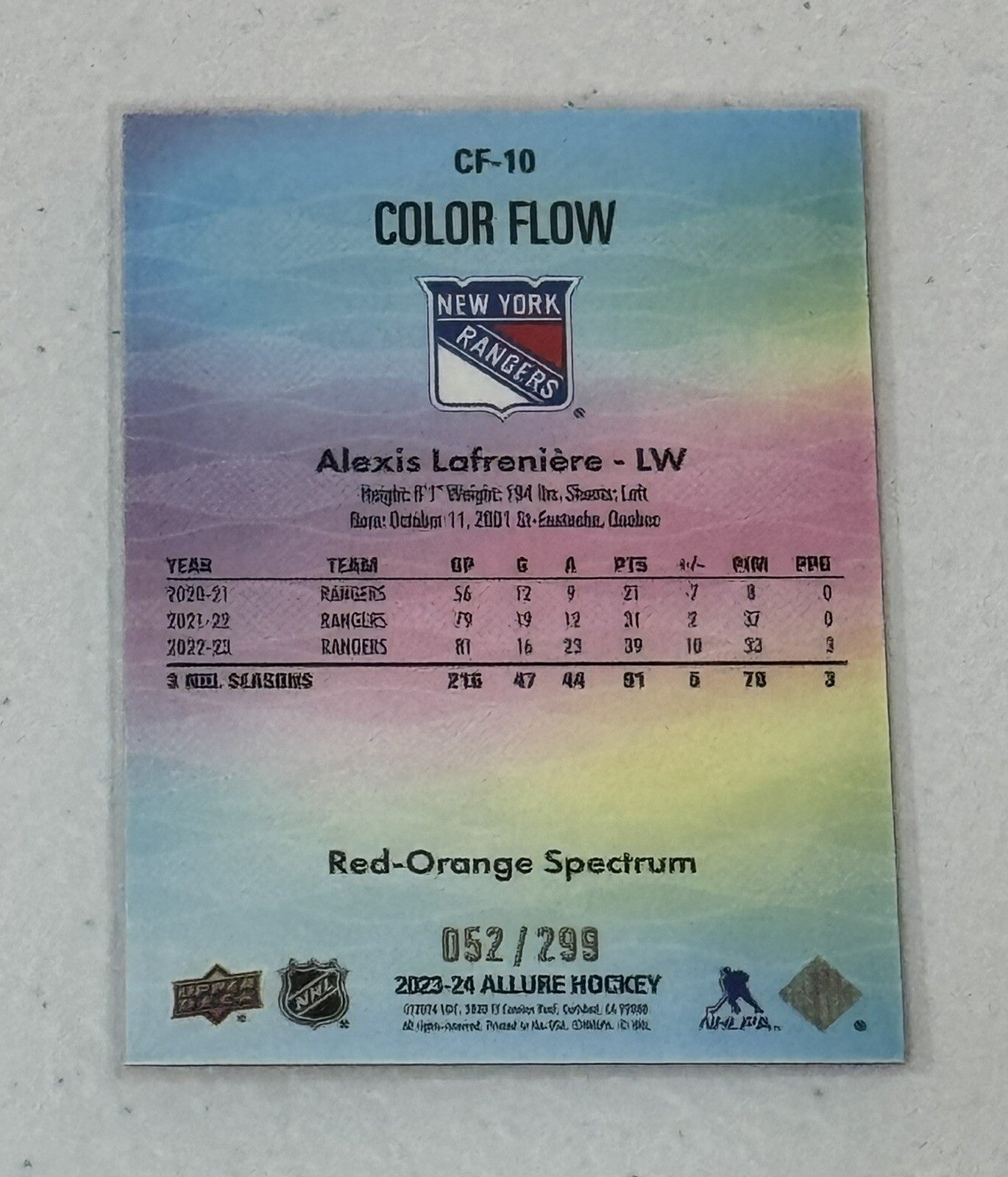 52/299* Alexis Lafreniere* 2023-24 UD NHL Allure Color Flow Orange CF-10 Rangers