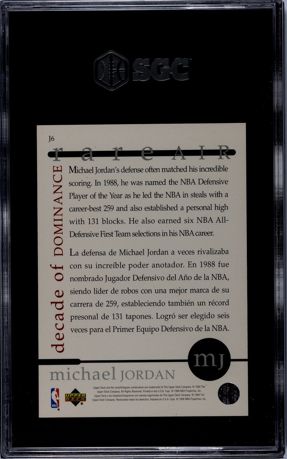 1994 Upper Deck Michael Jordan Rare Air #J6 Decade - Dominance NBA Bulls SGC 9.5
