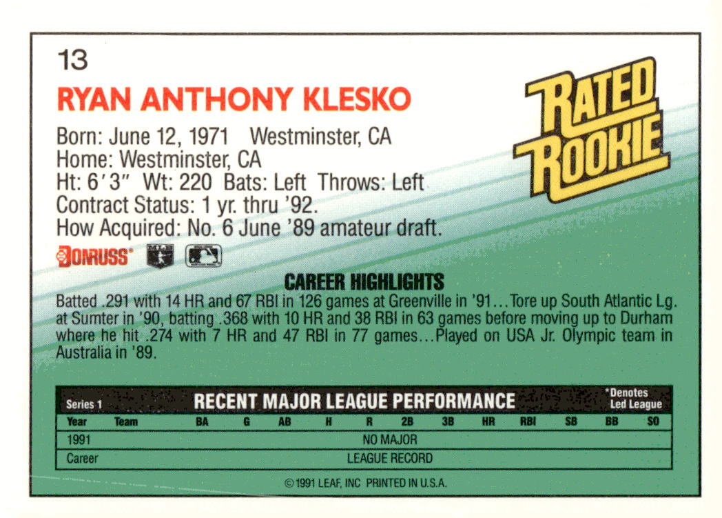 1992 Donruss #13b Ryan Klesko