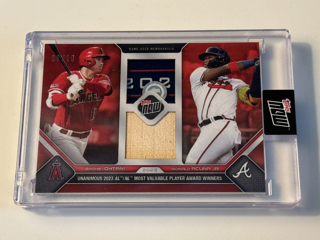 2023 Topps Now dual game-used base and bat relic card featuring Shohei Ohtani and Ronald Acuña Jr. in protective case