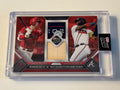 2023 Topps Now dual game-used base and bat relic card featuring Shohei Ohtani and Ronald Acuña Jr. in protective case