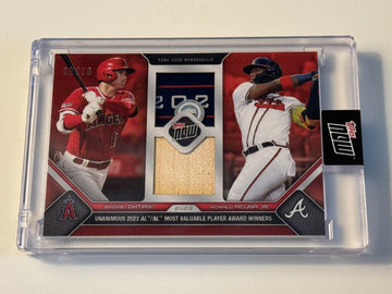 2023 Topps Now dual game-used base and bat relic card featuring Shohei Ohtani and Ronald Acuña Jr. in protective case