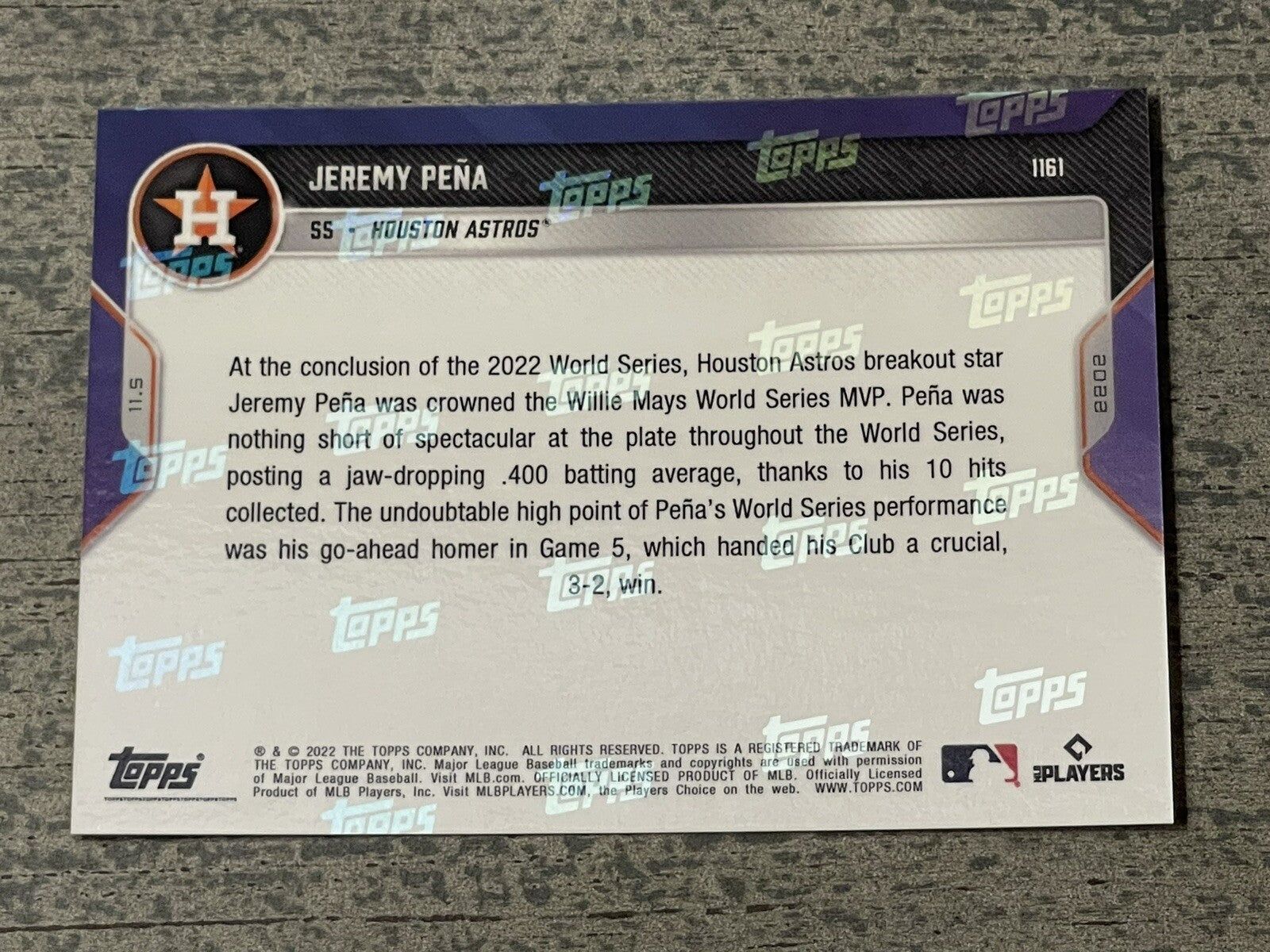 Jeremy Pena 2022 Topps Now World Series MVP rookie card Houston Astros