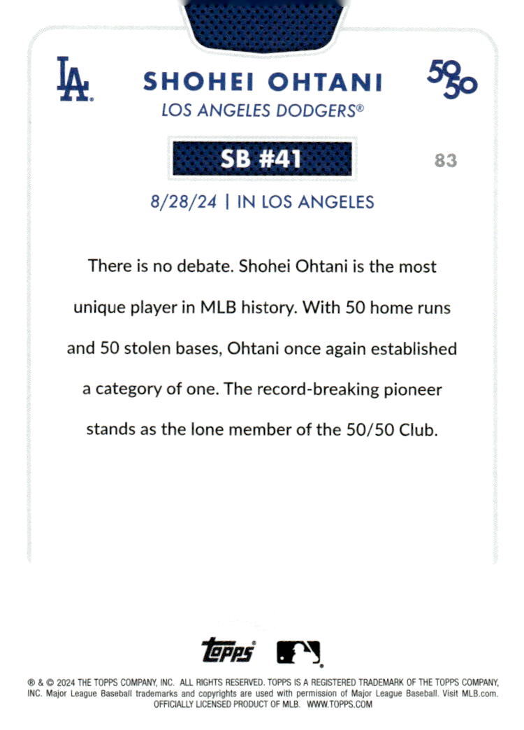 50/50 LIMITED EDITION! Shohei Ohtani MLB LA Dodgers 2024 TOPPS NOW Season #SB 41