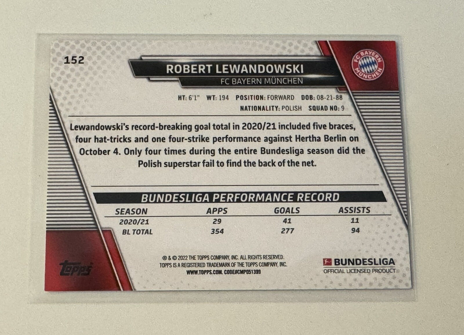 2021-22 Bundesliga Robert Lewandowski Futbol FC Bayern Munchen Soccer Card #152*