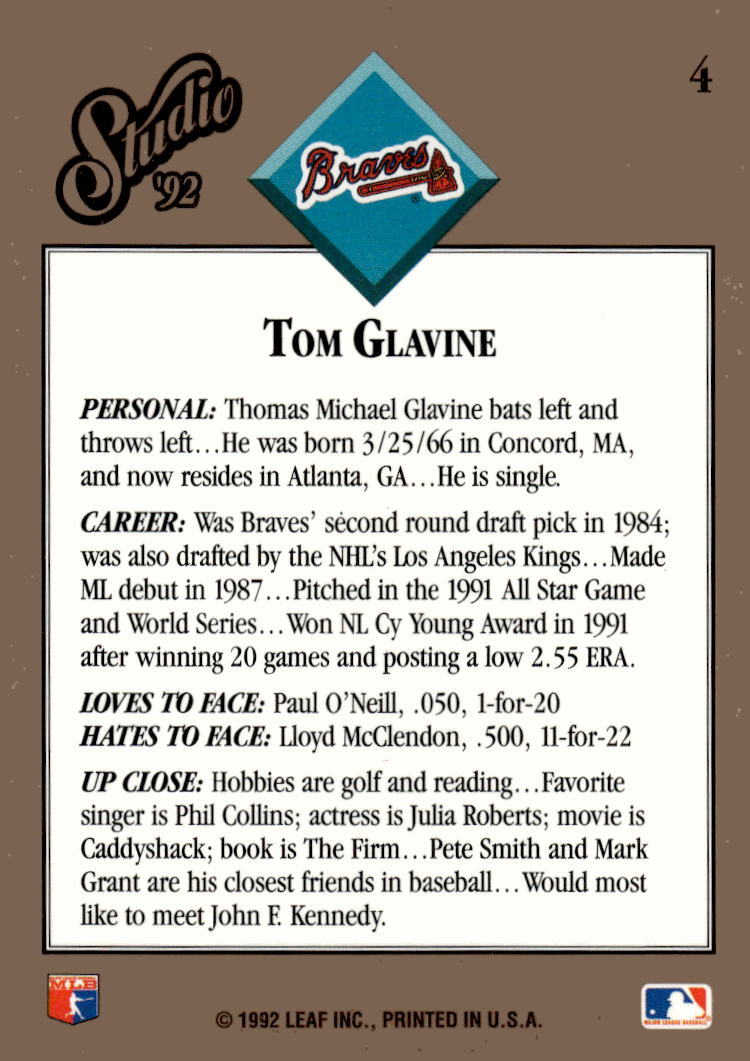 1992 Leaf Studio Tom Glavine* MLB Atlanta Braves Baseball Card #4 - Hall of Fame