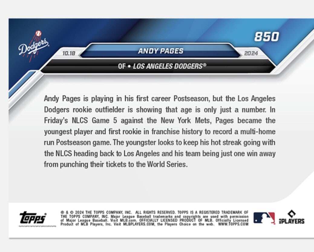 2024 Andy Pages RC Dodgers rookie multi-home run game MLB Topps NOW card