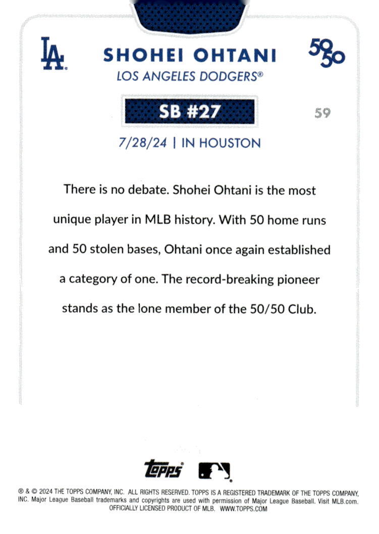 50/50 LIMITED EDITION! Shohei Ohtani MLB LA Dodgers 2024 TOPPS NOW Season #SB 27
