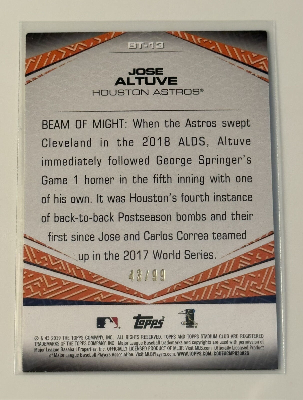 43/99* Jose Altuve 2019 Stadium Club Beam Team Red - MLB Houston Astros Baseball