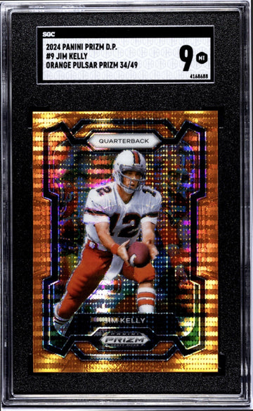 34/49* 2024 Panini Prizm Draft Picks Orange Pulsar Jim Kelly NFL Bills HOF SGC 9